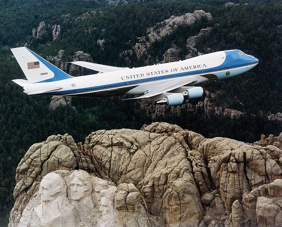 Air Force One, the typical air transport of the President of the United States of America, flying ov