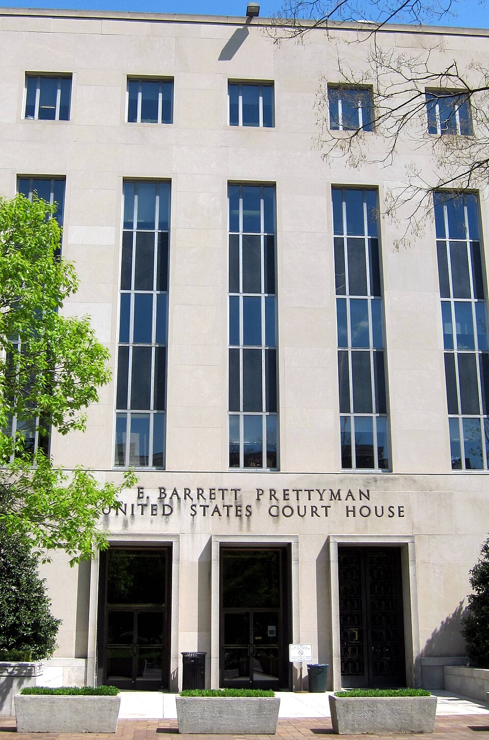 The west entrance to the E. Barrett Prettyman Federal Courthouse located at 333 Constitution Avenue,