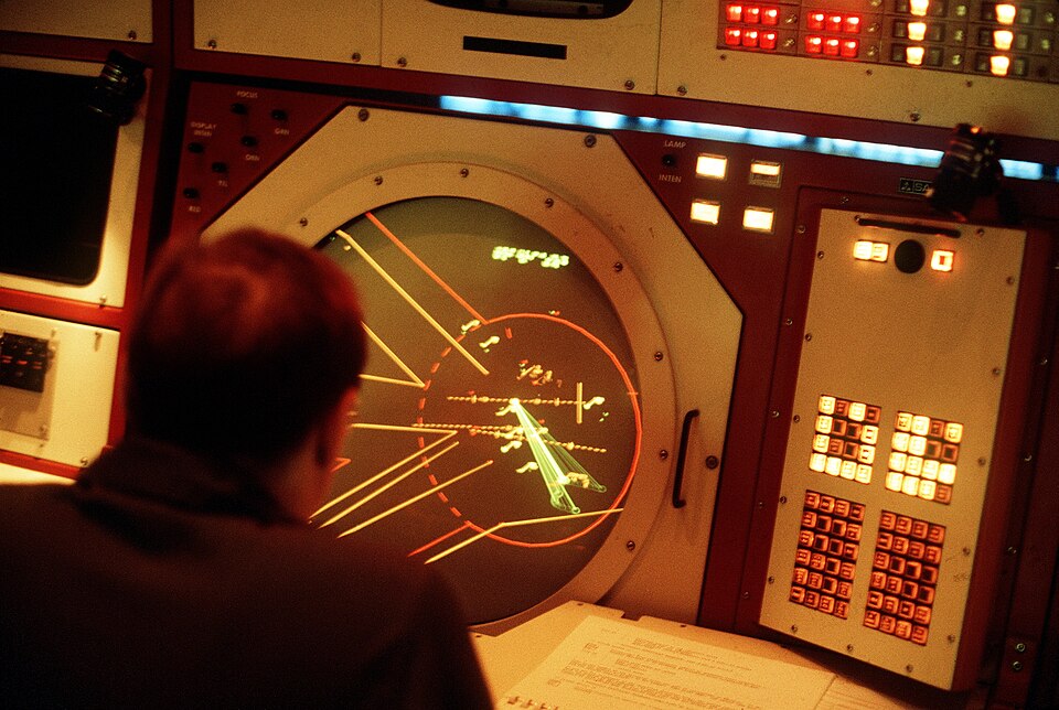 An AIRMAN monitors a radar screen inside the Berlin Air Route Traffic Control Facility at Templehof 