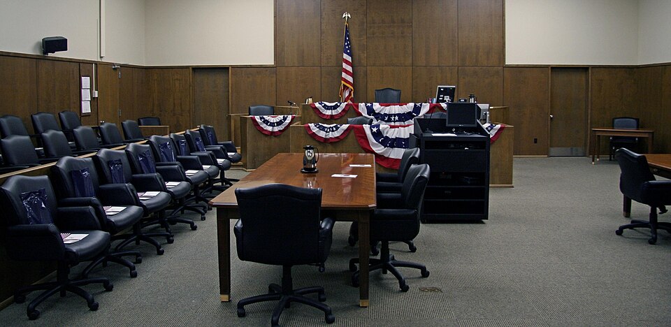 "View of the courtroom in the Hannibal Federal Building and U.S. Courthouse before a naturalization ceremony." (EDMO District Report 2013, pg. v)