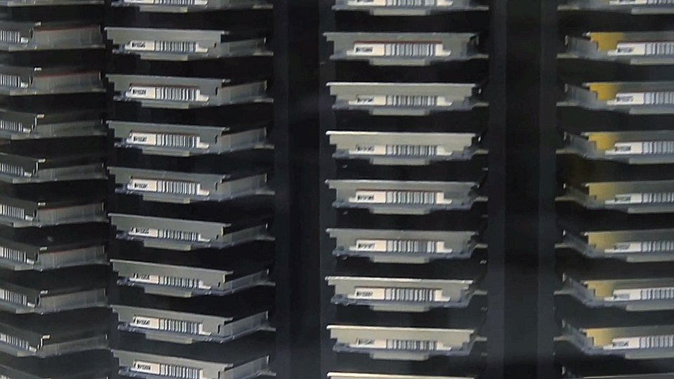 A carousel system to store assay plates used in high-throughput screening process. This image is fro