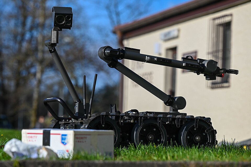 A robot used by the 786th Civil Engineer Squadron’s Explosive Ordnance Disposal Flight assesses the 