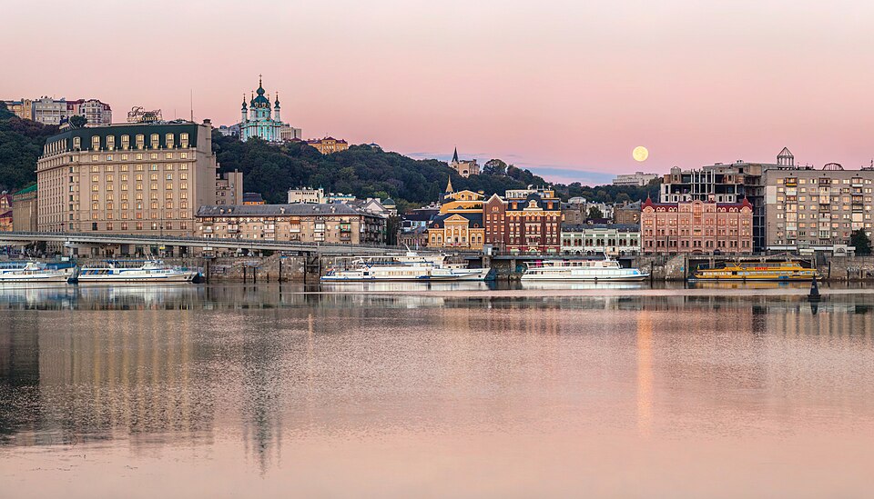 A view of Podil in Kyiv, in a center is a river port in front of the Fairmont Grand Hotel. St. Andre