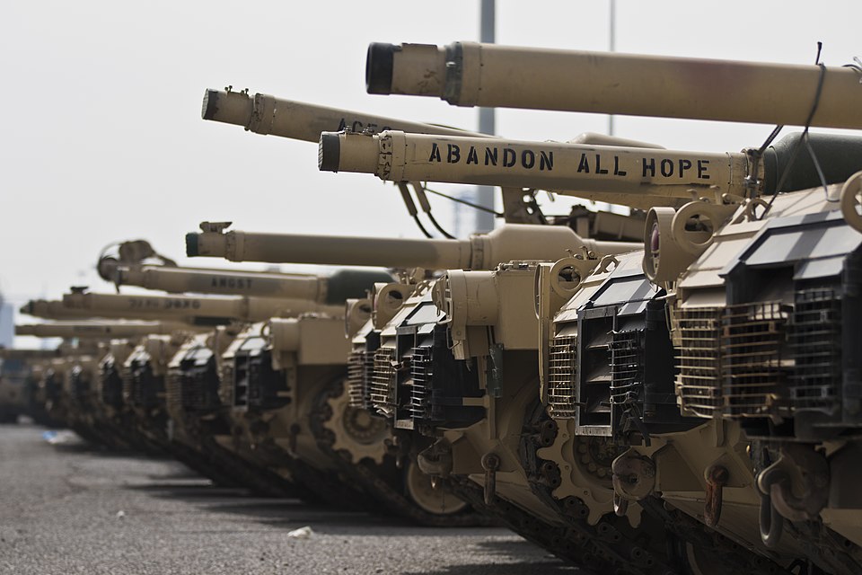 U.S. Army M1A2 Abrams tanks are linned up to be retrograded back to the United States at the Port of