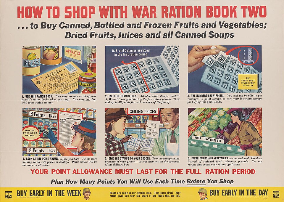 Title: "How to Shop With Ration Book Two". Subtitle: "...To Buy Canned, Bottled and Frozen Fruits and Vegetables; Dried Fruits, Juices and all Canned Soups".1. Use This Ration Book. You may use one or all of your family's ration books when you shop. You may not shop with loose ration stamps.2. Use B