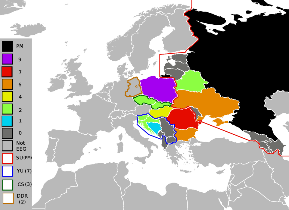 A map of the Eastern European Group, an unofficial group of the United Nations, with the number of y