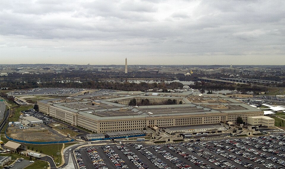 An aerial view of the headquarters of the United States Department of Defense located between the Po