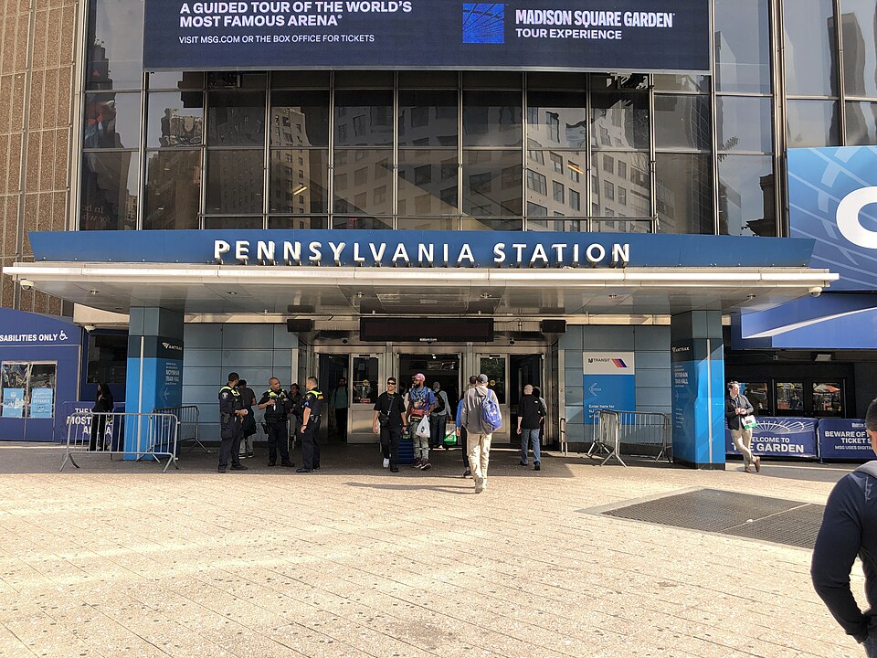 North entrance to Pennsylvania Station adjacent to 8th Avenue and 33rd Street in Manhattan, New York