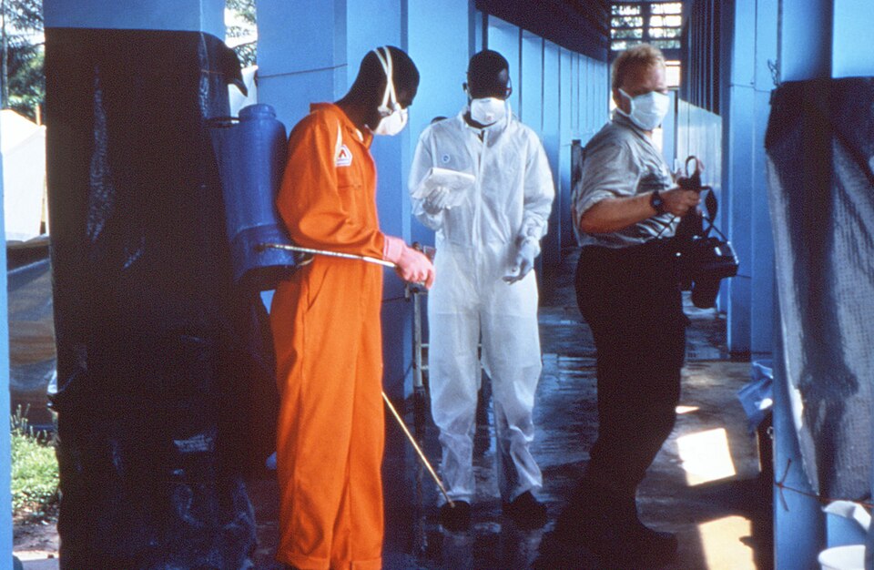 This 1995 photograph shows sanitary procedures being practiced in a clinic in Zaire during Ebola vir