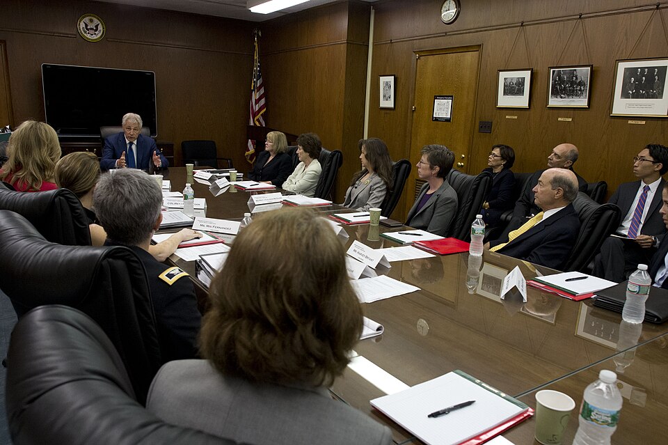 Secretary of Defense Chuck Hagel, left, meets with members of the Sexual Assault Response Systems Pa