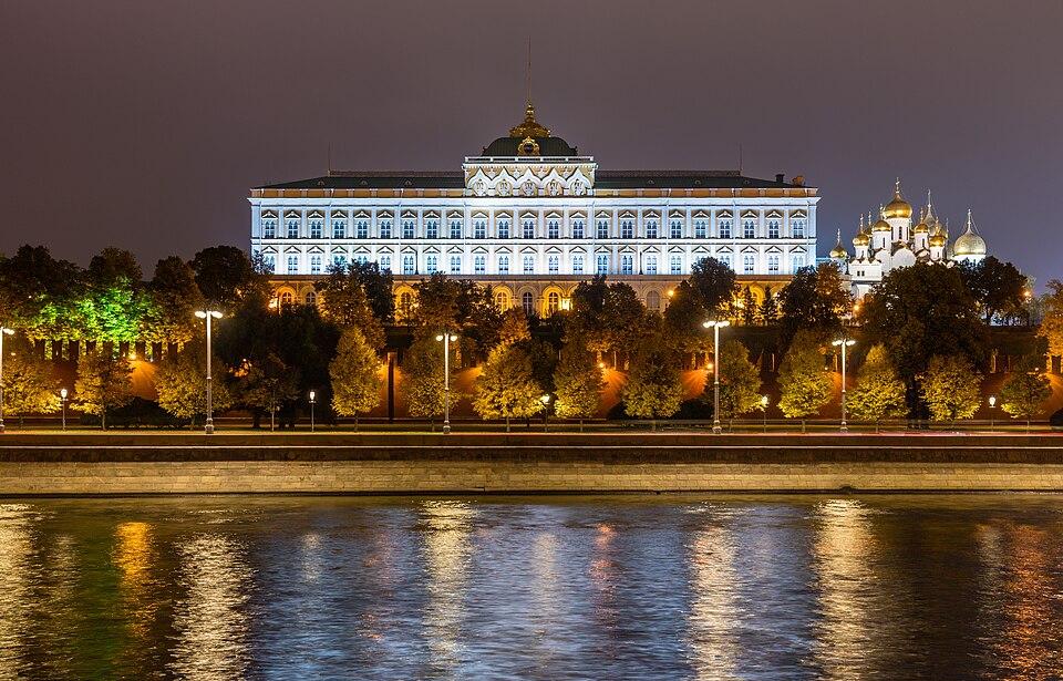 Night view of the Grand Kremlin Palace, Moscow, Russia. It was built from 1837 to 1849 on the site o