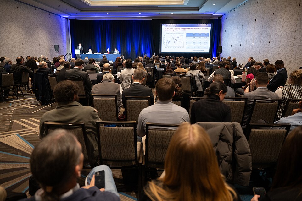 USDA staff address the attendees during the Livestock, Poultry and Dairy Outlook session at the 2026 Agricultural Outlook Forum, Crystal Gateway Marriott, Arlington, Virginia, Feb. 20, 2026. The 2026 Program featured a presentation on the outlook for agricultural markets and trade by USDA Chief Econ