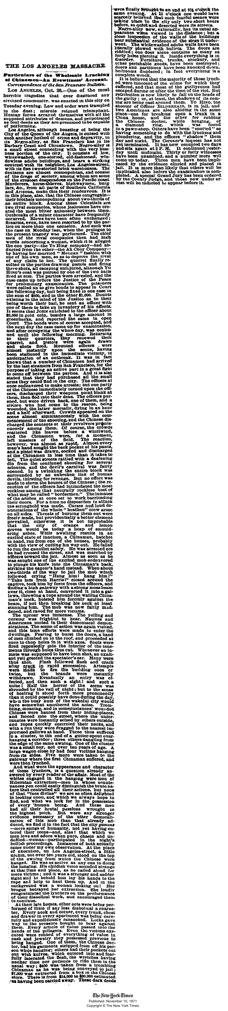 The Los Angeles Massacre in the New York Times on November 10, 1871