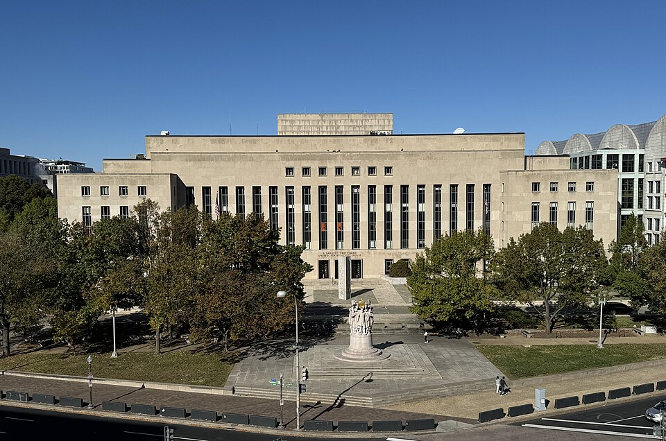 Elevated view of E. Barrett Prettyman United States Courthouse, as seen from the East Building of th