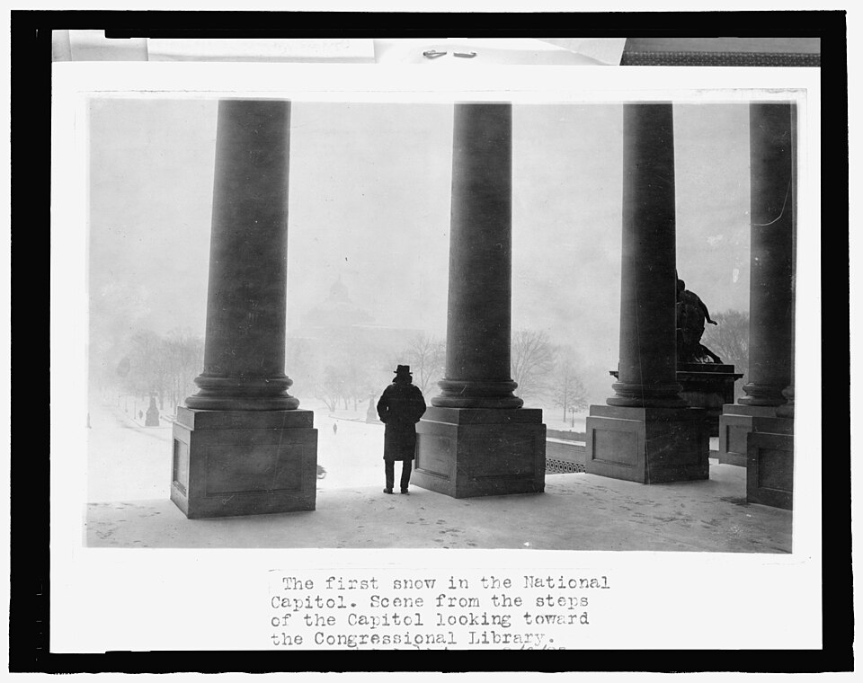 Title: The first snow in the National Capitol - scene from the steps of the U.S. Capitol, looking toward the Congressional Library
Abstract/medium: 1 photographic print.