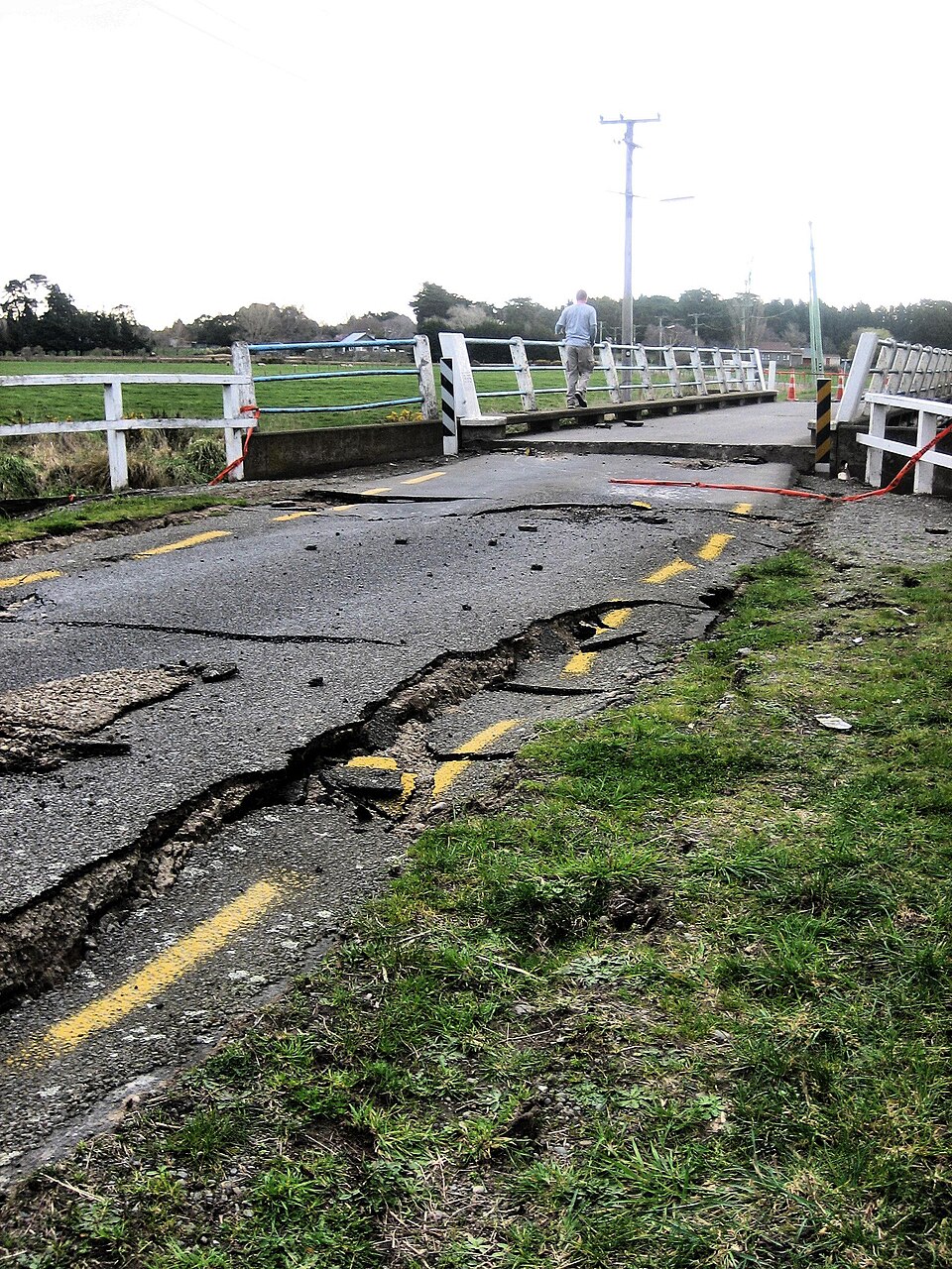 Aftermath of September 4th Earthquake in Canterbury (area covers Christchurch City) NZ. Damage to bridge on Spencerville Road crossing the Lower Styx river.
