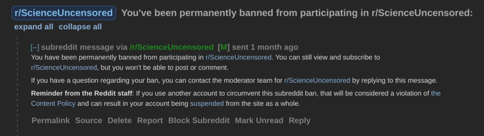 Subreddit ban notice on Reddit