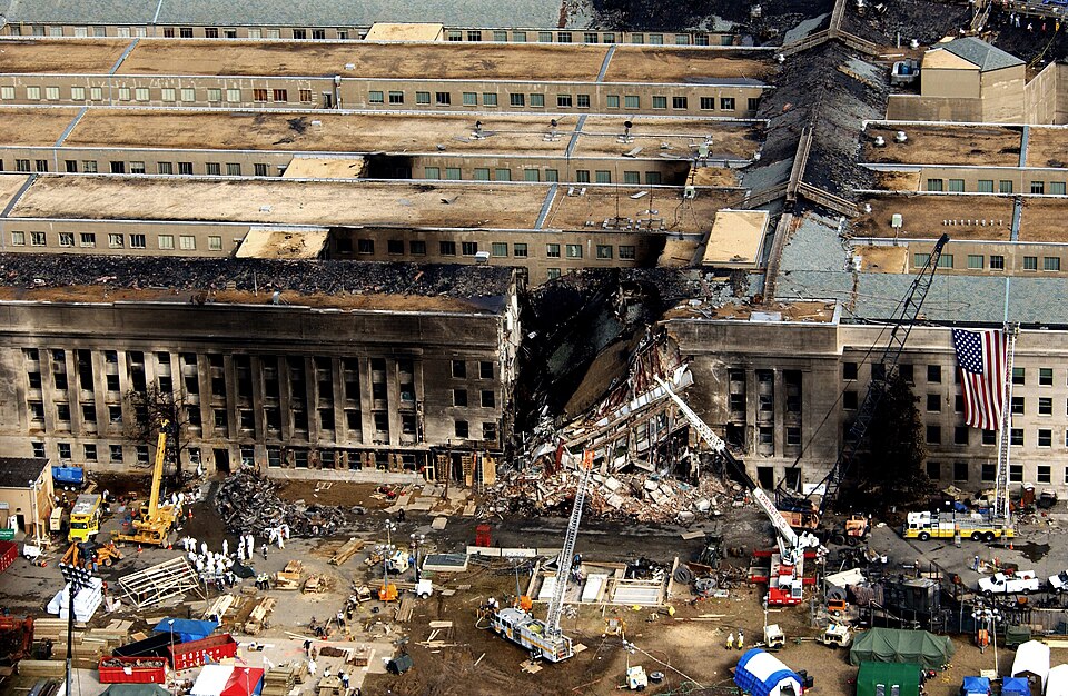 Aerial view of the Pentagon Building located in Arlington, Virginia showing emergency crews respondi
