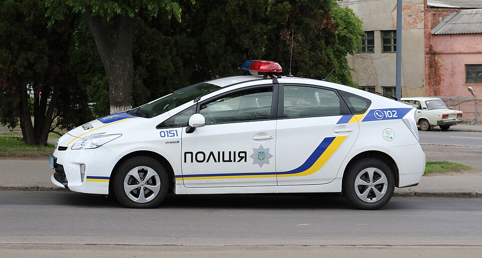 A new police patrol car in Vinnytsia, Ukraine. Toyota Prius hybrid vehicle.