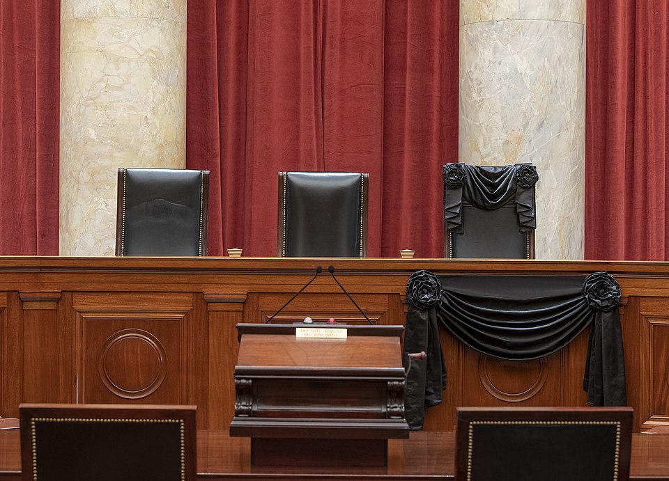 The Courtroom of the Supreme Court showing Associate Justice Ruth Bader Ginsburg’s Bench Chair and t
