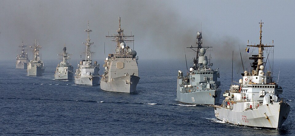 Ships assigned to Combined Task Force One Five Zero (CTF-150) assemble in a formation for a photo exercise. The multinational Combined Task Force One Five Zero (CTF-150) was established to monitor, inspect, board, and stop suspect shipping to pursue the war on terrorism and includes operations curre