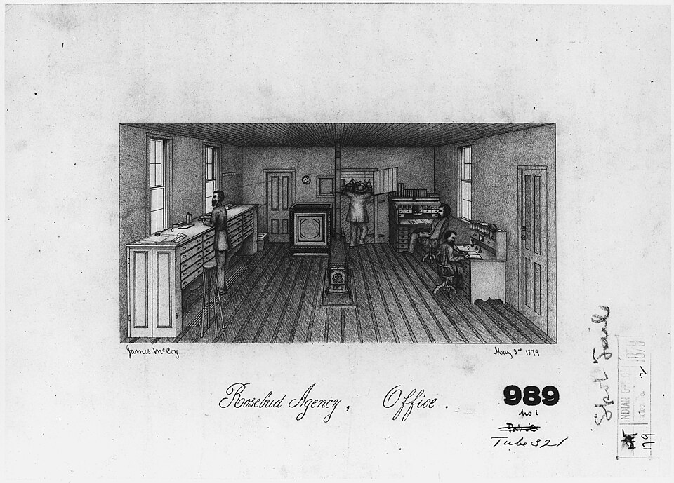 Scope and content:  Detailed, well-done, sketch of the office interior, with three men working.