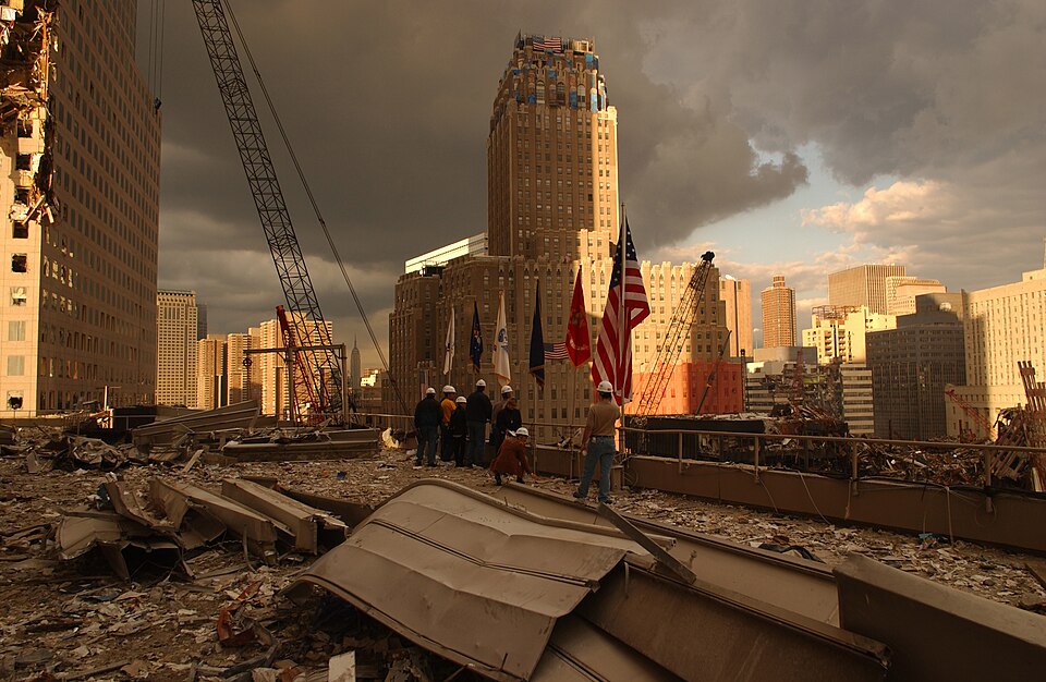 New York, NY, September 28, 2001 -- Debris on surrounding roofs at the site of the World Trade Cente