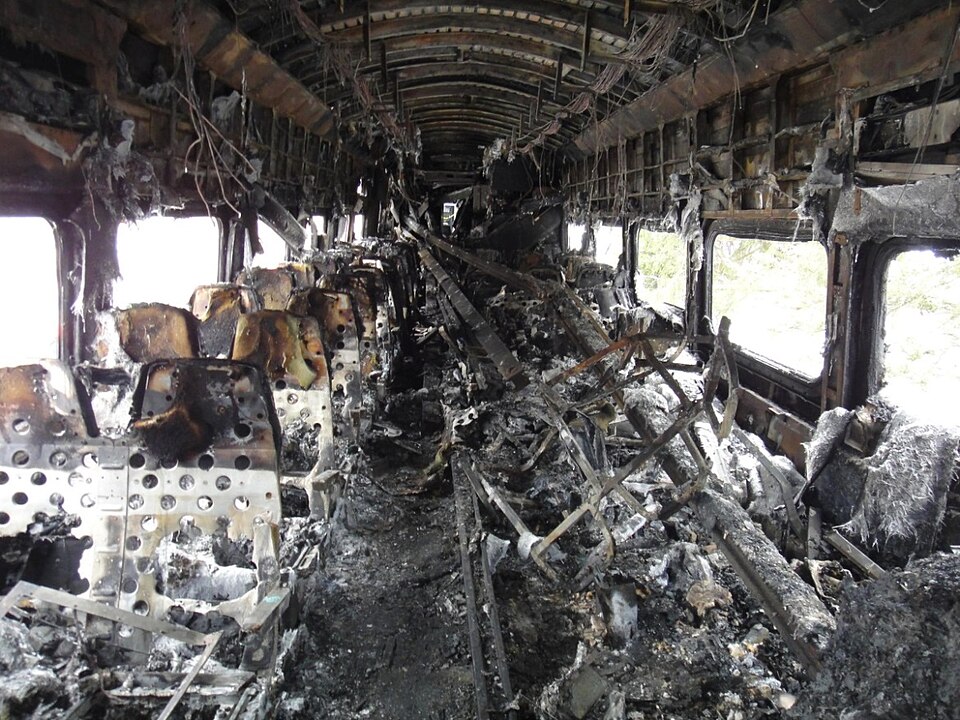 Interior of the lead car in the 2015 Valhalla train crash, some time after accident, showing fire da