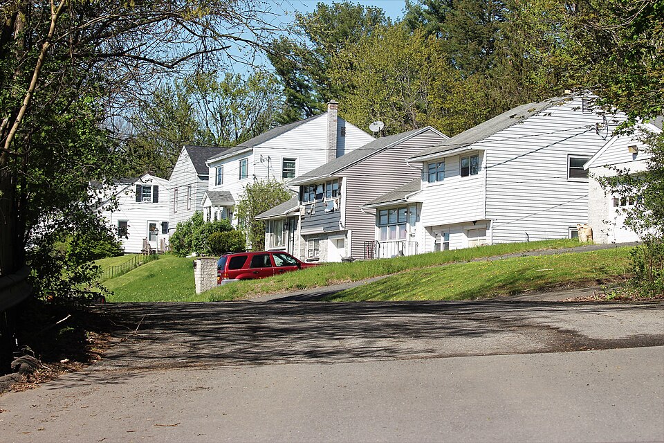 A suburban street at the corner of 7th Avenue &amp; 120th Street in the city of Troy, Rensselaer Cou