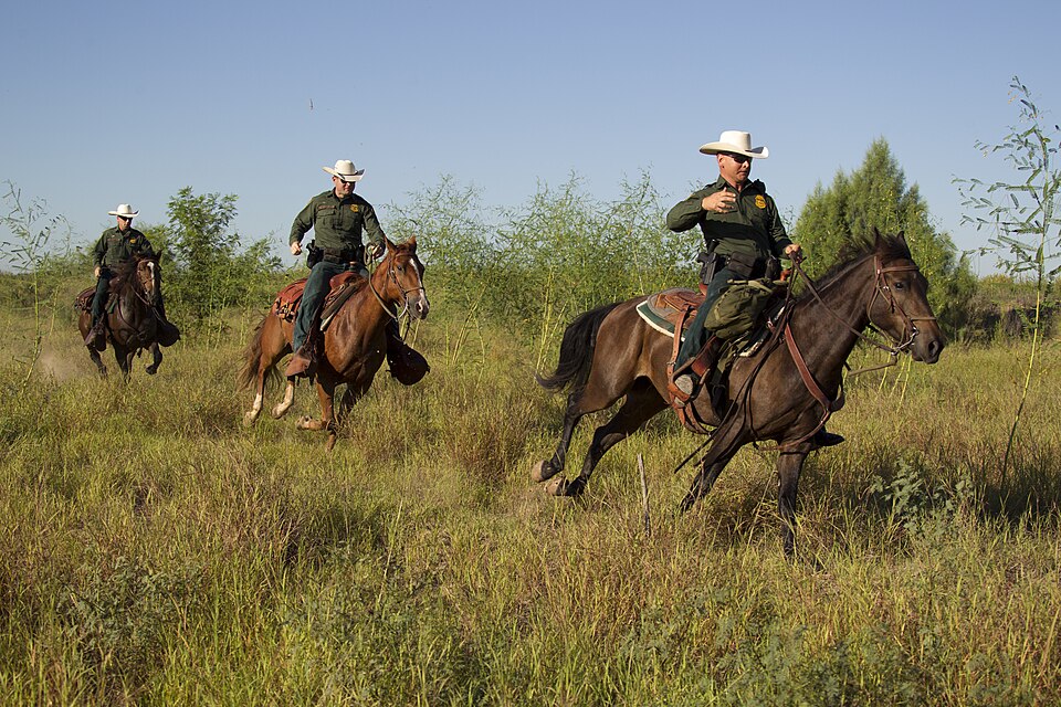 CBP, Border Patrol agents from the McAllen station horse patrol unit on patrol on horseback in South